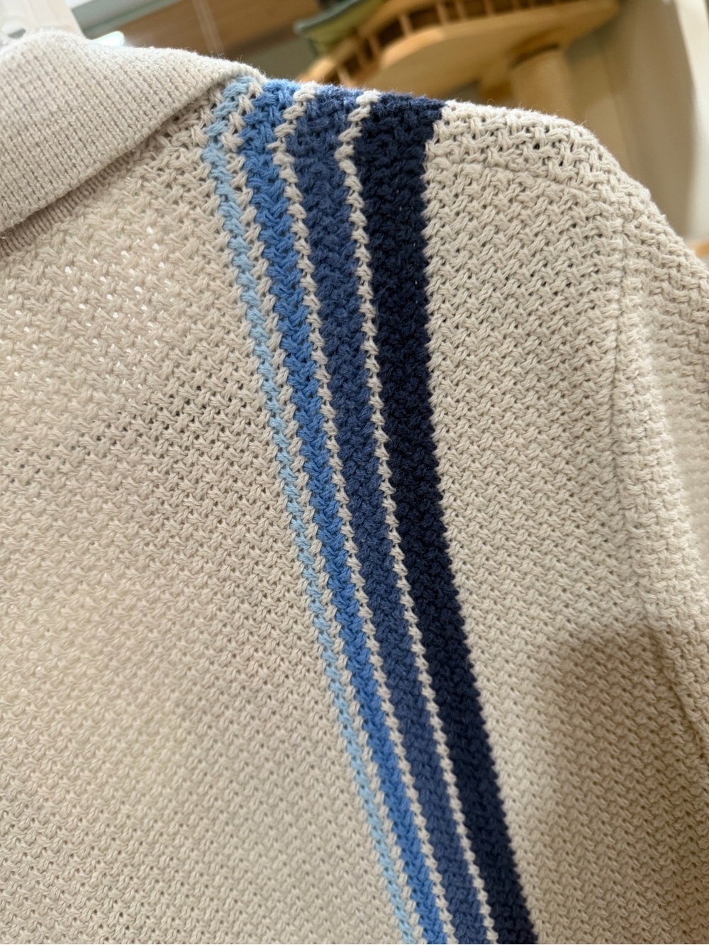 Marine Layer Conrad Sweater Polo Cream Knit Polo with Blue Stripe Accents - Picture 7 of 9